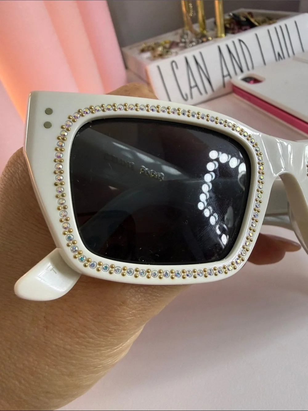 Celine White Rectangular Sunglasses with Crystal Trim and Dark Lenses
